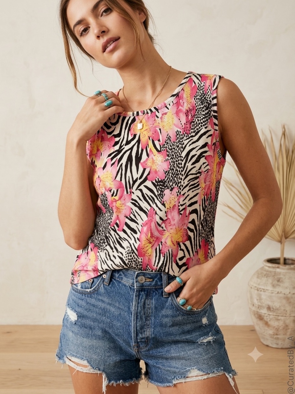 Vtg 90s Sleeveless Floral Zebra Print Tank Top Size XL Slinky Going Out Top